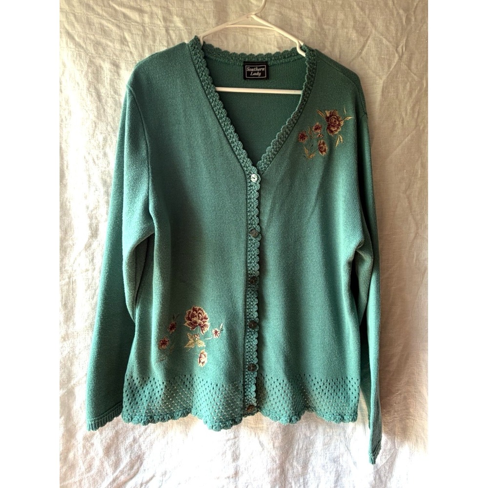 Vtg Southern Lady Button Front Floral Embroidered Crochet Trim Cardigan